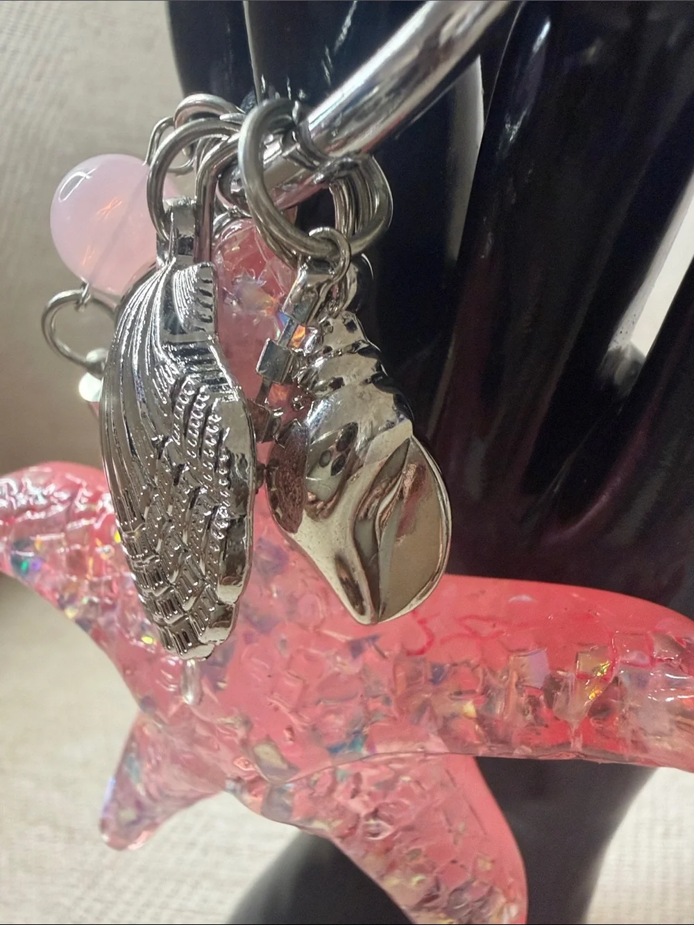 Pink Iridescent Starfish bag charm with Shell Charms
